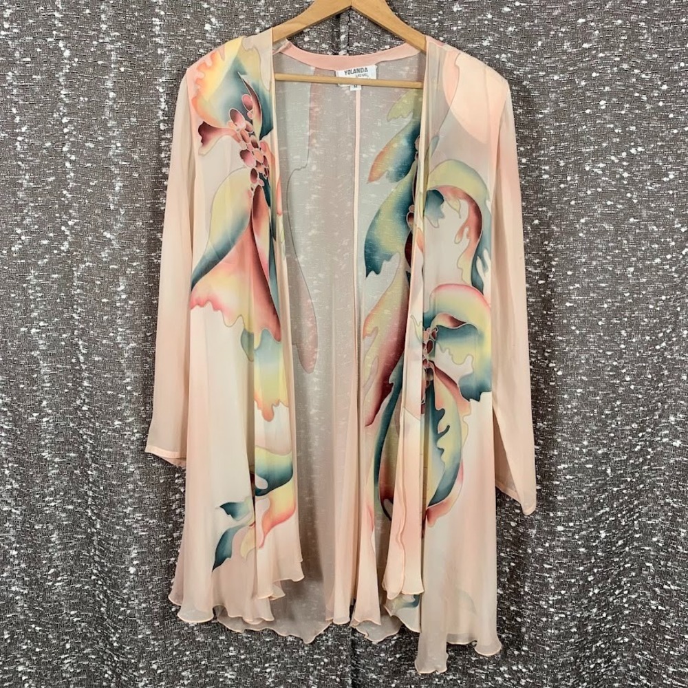 Yolanda Lorente Size M‎ Hand Painted Pink Floral 100% Silk Kimono Duster Floral